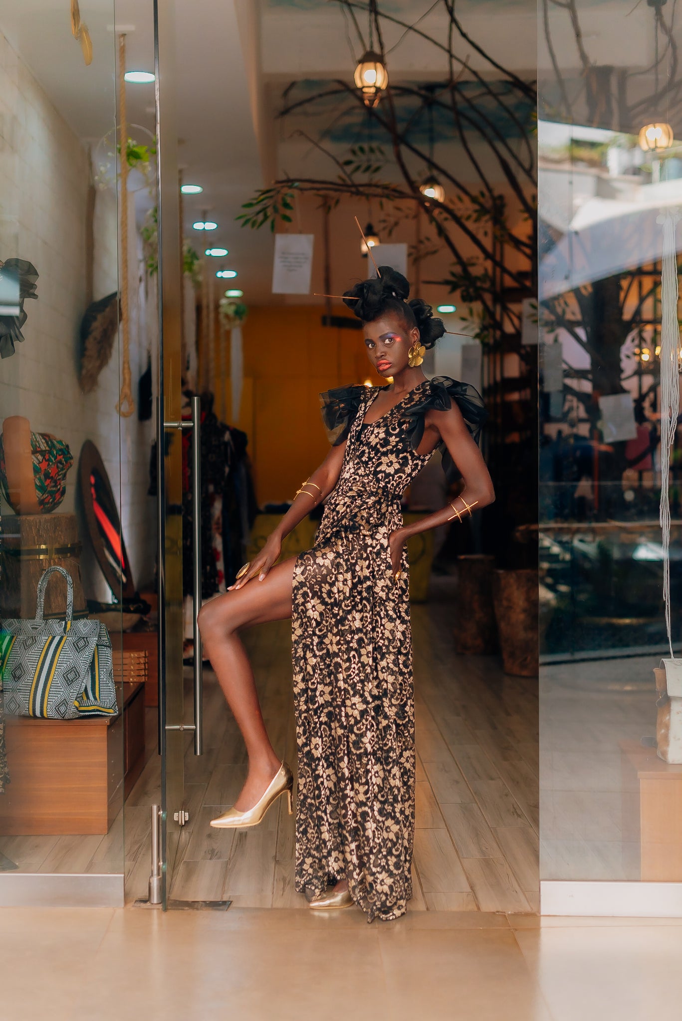 Black/Gold Lace Malaika Wrap Gown
