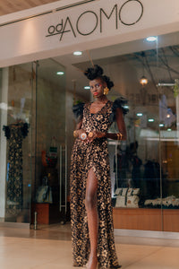 Black/Gold Lace Malaika Wrap Gown